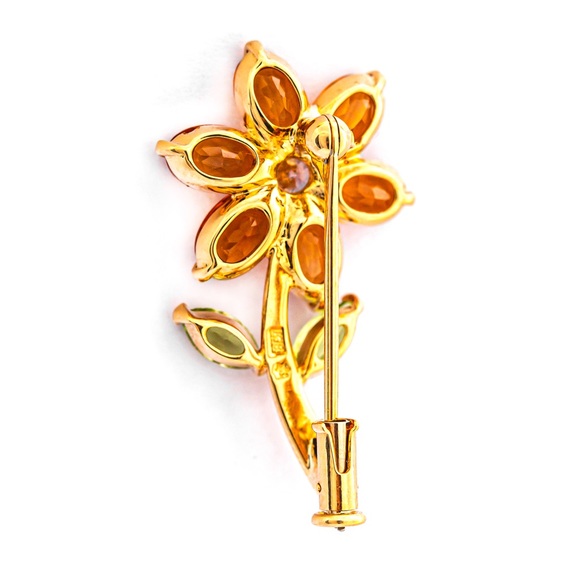 AIG Certified 5.20ct Natural Citrine Peridot Zirconia Floral Brooch - 18K Gold - Picture 7 of 8